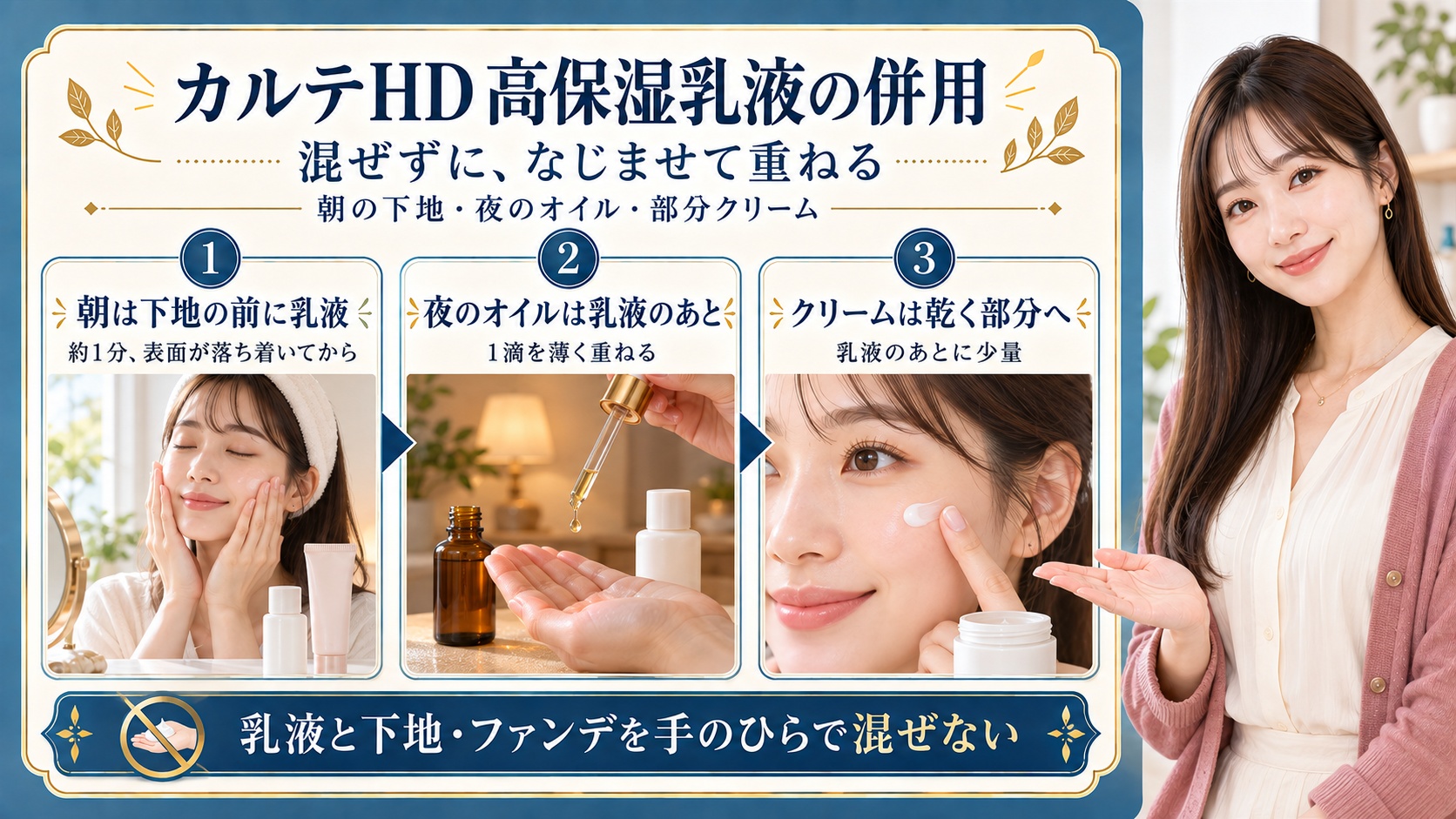 カルテHD高保湿乳液の併用は混ぜずになじませて重ねる。朝は乳液をなじませ約1分肌表面が落ち着いてから下地へ進み、夜のオイルは乳液のあとに1滴を薄く重ねる。クリームは乾く部分へ少量使い、乳液と下地やファンデを手のひらで混ぜない