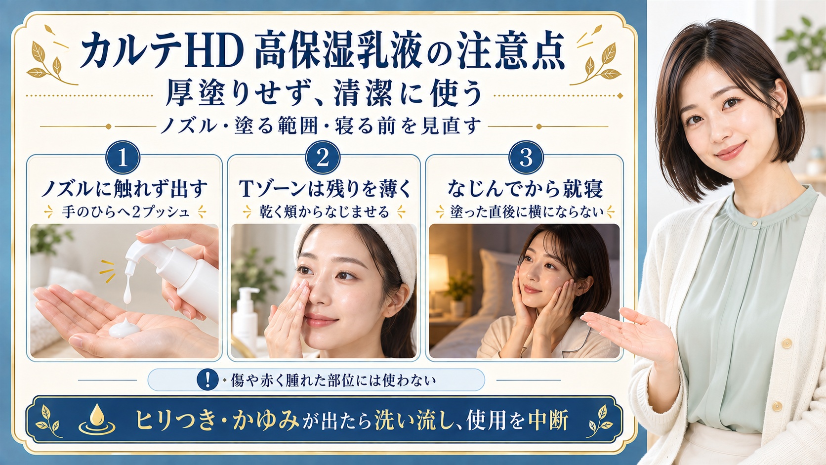 カルテHD高保湿乳液は厚塗りせず清潔に使う。ノズルに触れず手のひらへ2プッシュ出し、乾く頬からなじませTゾーンは残りを薄く使う。なじんでから就寝し、傷や赤く腫れた部位には使わない。ヒリつきやかゆみが出たら洗い流して使用を中断する