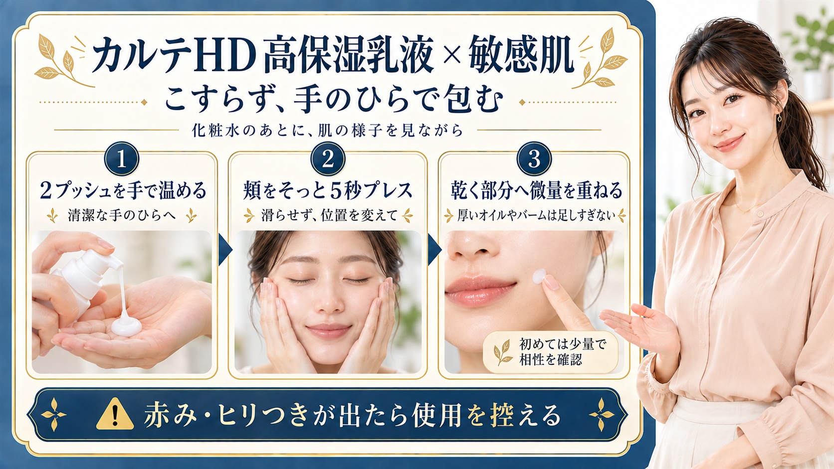 カルテHD高保湿乳液を敏感肌で使うときは化粧水のあとに肌の様子を見ながら使う。2プッシュを清潔な手で温め、頬をこすらず5秒ほどそっと包む。乾く部分へ微量を重ね、厚いオイルやバームは足しすぎない。初めては少量で相性を確認し赤みやヒリつきが出たら使用を控える
