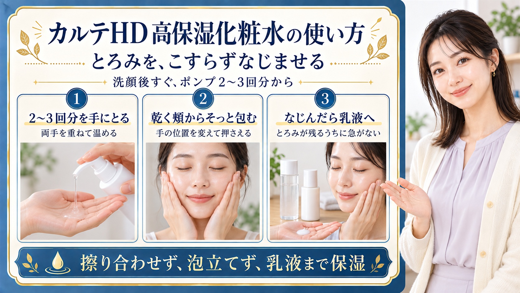 カルテHD高保湿化粧水は洗顔後すぐポンプ2〜3回分を手に取り、両手を重ねて温める。乾く頬からこすらずそっと包み、手の位置を変えて押さえる。とろみがなじんだら乳液へ進み、手を擦り合わせて泡立てず乳液まで保湿する