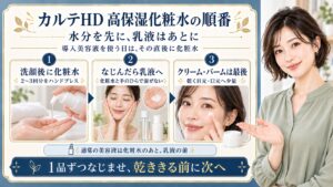 カルテHD高保湿化粧水の順番は洗顔後に2〜3回分をハンドプレスし、なじんだら乳液、最後に乾く部分へクリームやバームを少量。導入美容液は化粧水の前、通常の美容液は化粧水のあとで乳液の前。手のひらで混ぜず1品ずつなじませ乾ききる前に次へ進む