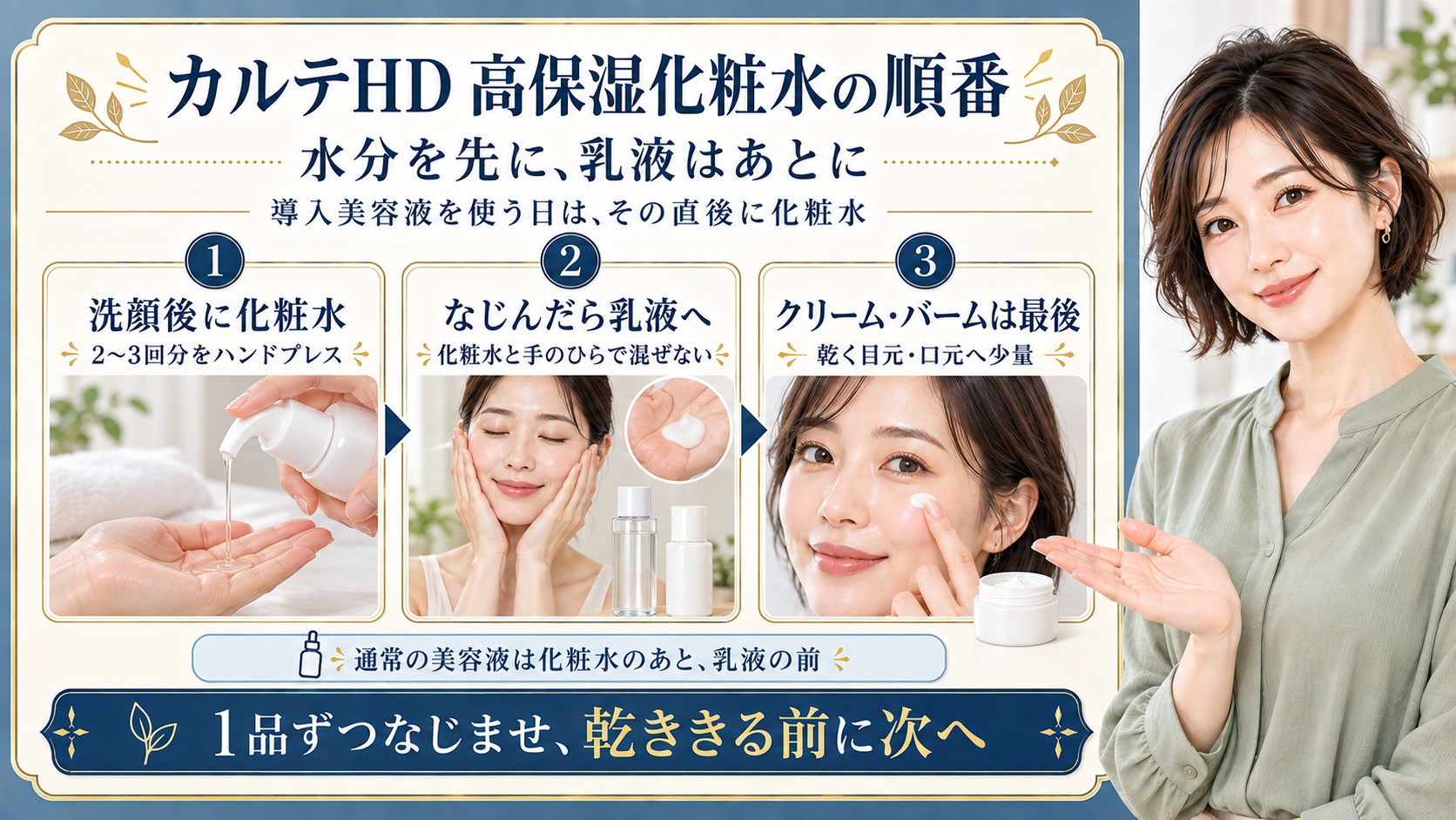 カルテHD高保湿化粧水の順番は洗顔後に2〜3回分をハンドプレスし、なじんだら乳液、最後に乾く部分へクリームやバームを少量。導入美容液は化粧水の前、通常の美容液は化粧水のあとで乳液の前。手のひらで混ぜず1品ずつなじませ乾ききる前に次へ進む