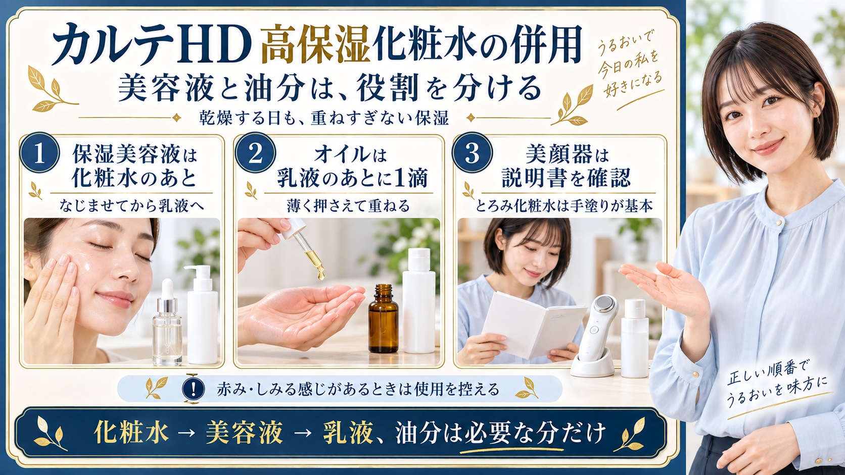カルテHD高保湿化粧水の併用は役割を分けて重ねすぎない。保湿美容液は化粧水のあとになじませてから乳液へ進み、オイルは乳液のあとに1滴を薄く重ねる。美顔器は説明書を確認し、とろみ化粧水は手塗りが基本。赤みやしみる感じがあるときは使用を控える