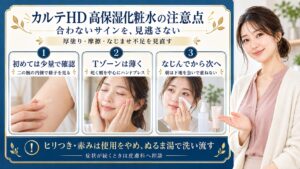 カルテHD高保湿化粧水は合わないサインを見逃さない。初めては二の腕の内側で少量を確認し、乾く頬を中心にハンドプレスしてTゾーンは薄く使う。朝はなじんでから下地へ進む。ヒリつきや赤みが出たら使用をやめぬるま湯で洗い流し、症状が続くときは皮膚科へ相談する