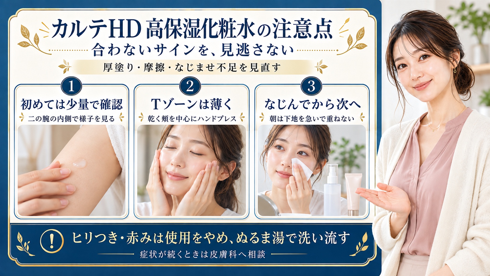 カルテHD高保湿化粧水は合わないサインを見逃さない。初めては二の腕の内側で少量を確認し、乾く頬を中心にハンドプレスしてTゾーンは薄く使う。朝はなじんでから下地へ進む。ヒリつきや赤みが出たら使用をやめぬるま湯で洗い流し、症状が続くときは皮膚科へ相談する