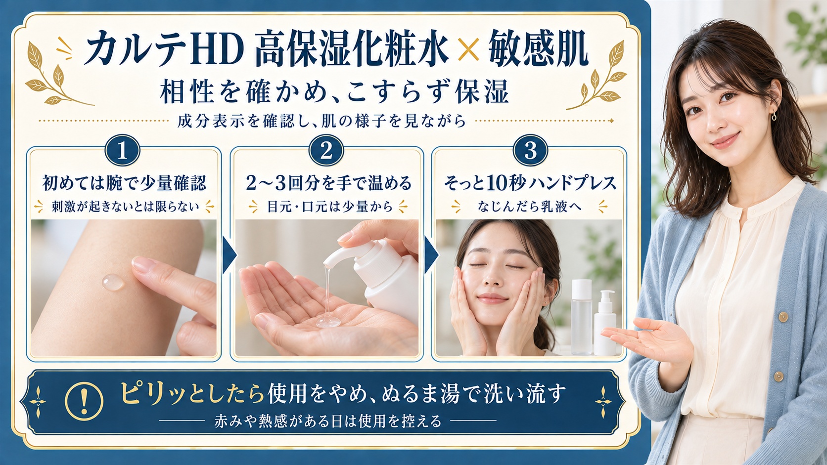 カルテHD高保湿化粧水を敏感肌で使うときは成分表示と相性を確認する。初めては腕で少量を試し、2〜3回分を手で温め、目元や口元は少量から使う。こすらず10秒ほどハンドプレスしてなじんだら乳液へ。ピリッとしたら使用をやめぬるま湯で洗い流し赤みや熱感がある日は使用を控える