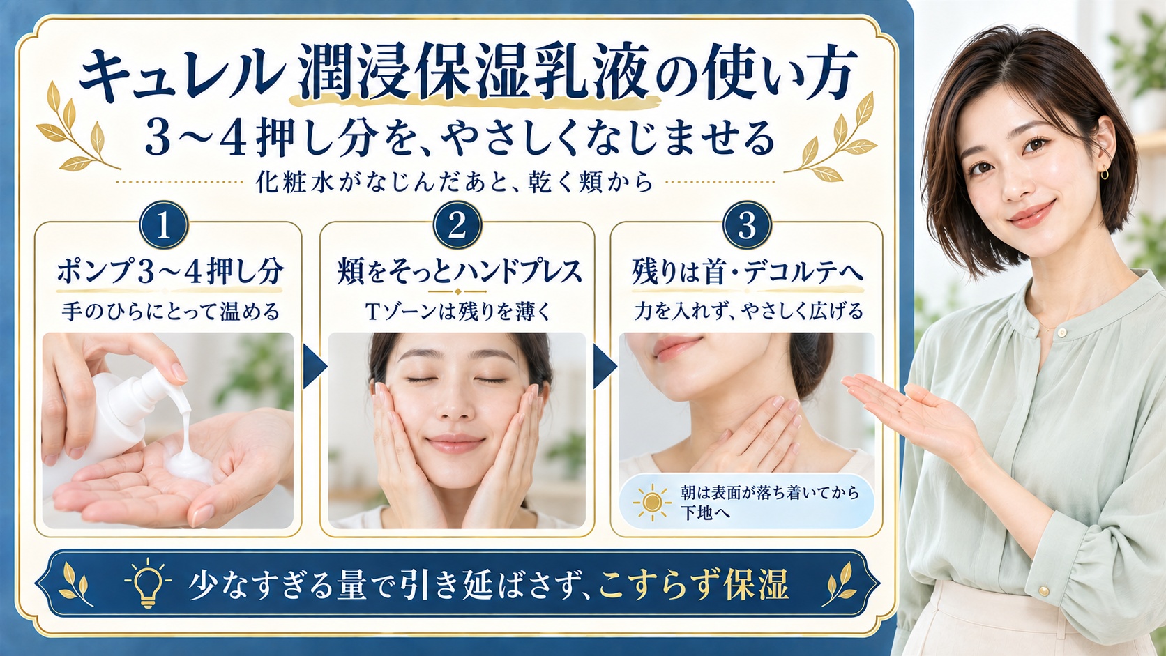 キュレル潤浸保湿乳液は化粧水がなじんだあとポンプ3〜4押し分を手に取り温める。乾く頬をそっとハンドプレスしTゾーンは残りを薄く、残った乳液は首やデコルテへやさしく広げる。朝は表面が落ち着いてから下地へ進み少なすぎる量で引き延ばさない