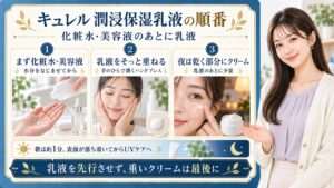 キュレル潤浸保湿乳液の順番は化粧水や美容液で水分をなじませたあとに乳液を薄くハンドプレスする。夜は乳液のあとに乾く部分へクリームを少量重ね、朝は約1分肌表面が落ち着いてからUVケアへ進む。乳液を先行させず重いクリームは最後に使う