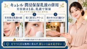 キュレル潤浸保湿乳液と他社美容液やクリームの併用手順。化粧水のあと美容液を1品使い、乳液のあと乾く部分へクリームを薄く重ねる。夜のオイルは1滴だけ。レチノールの刺激を乳液で打ち消せるわけではなく、ピリつく日は無理に重ねず新しい1品を足さない