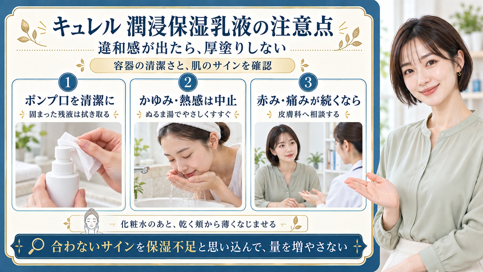 キュレル潤浸保湿乳液の注意点。ポンプ口の固まった残液は清潔なティッシュで拭き取り、かゆみや熱感が出たら使用を中止してぬるま湯でやさしくすすぐ。赤みや痛みが続く場合は皮膚科へ相談する。合わないサインを保湿不足と思い込んで量を増やさない