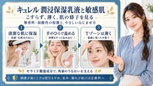 キュレル潤浸保湿乳液を敏感肌に使う際は洗顔と化粧水のあと、手のひらで温めて両頬をそっと包み、Tゾーンは最後に残った少量を薄くなじませる。無香料と弱酸性の特徴、セラミド機能成分による角層のうるおい支援を紹介。刺激が続くときは使用をやめ赤みや腫れが続けば皮膚科へ相談する