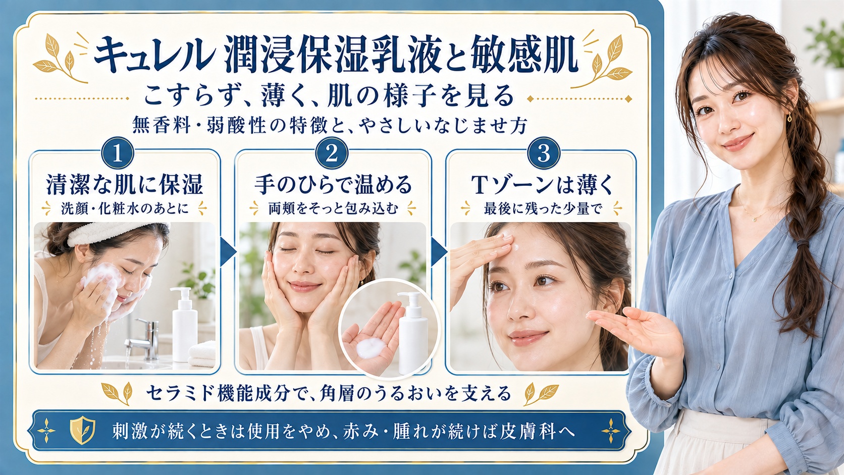 キュレル潤浸保湿乳液を敏感肌に使う際は洗顔と化粧水のあと、手のひらで温めて両頬をそっと包み、Tゾーンは最後に残った少量を薄くなじませる。無香料と弱酸性の特徴、セラミド機能成分による角層のうるおい支援を紹介。刺激が続くときは使用をやめ赤みや腫れが続けば皮膚科へ相談する