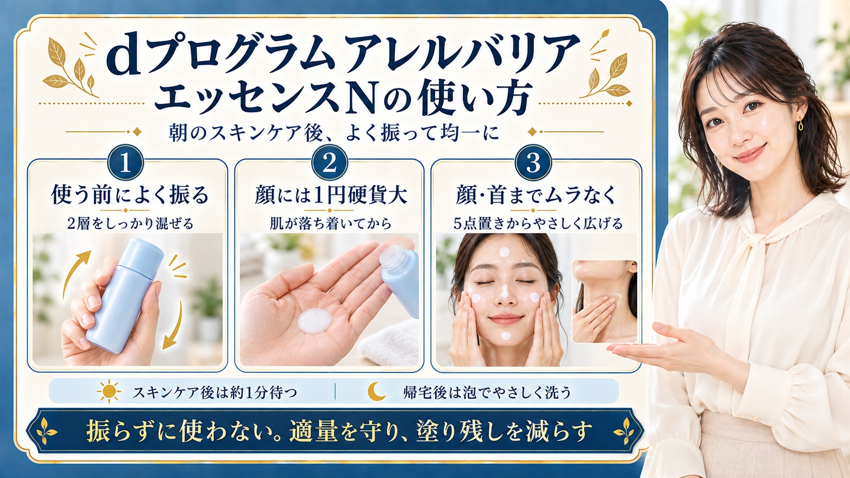 dプログラムアレルバリアエッセンスNは朝のスキンケア後約1分待って肌が落ち着いてから使う。2層式なのでよく振り、顔には1円硬貨大を目安に取り、両頬と額と鼻とあごの5点から顔や首までムラなく広げる。帰宅後は泡でやさしく洗い、振らずに使わず適量を守る