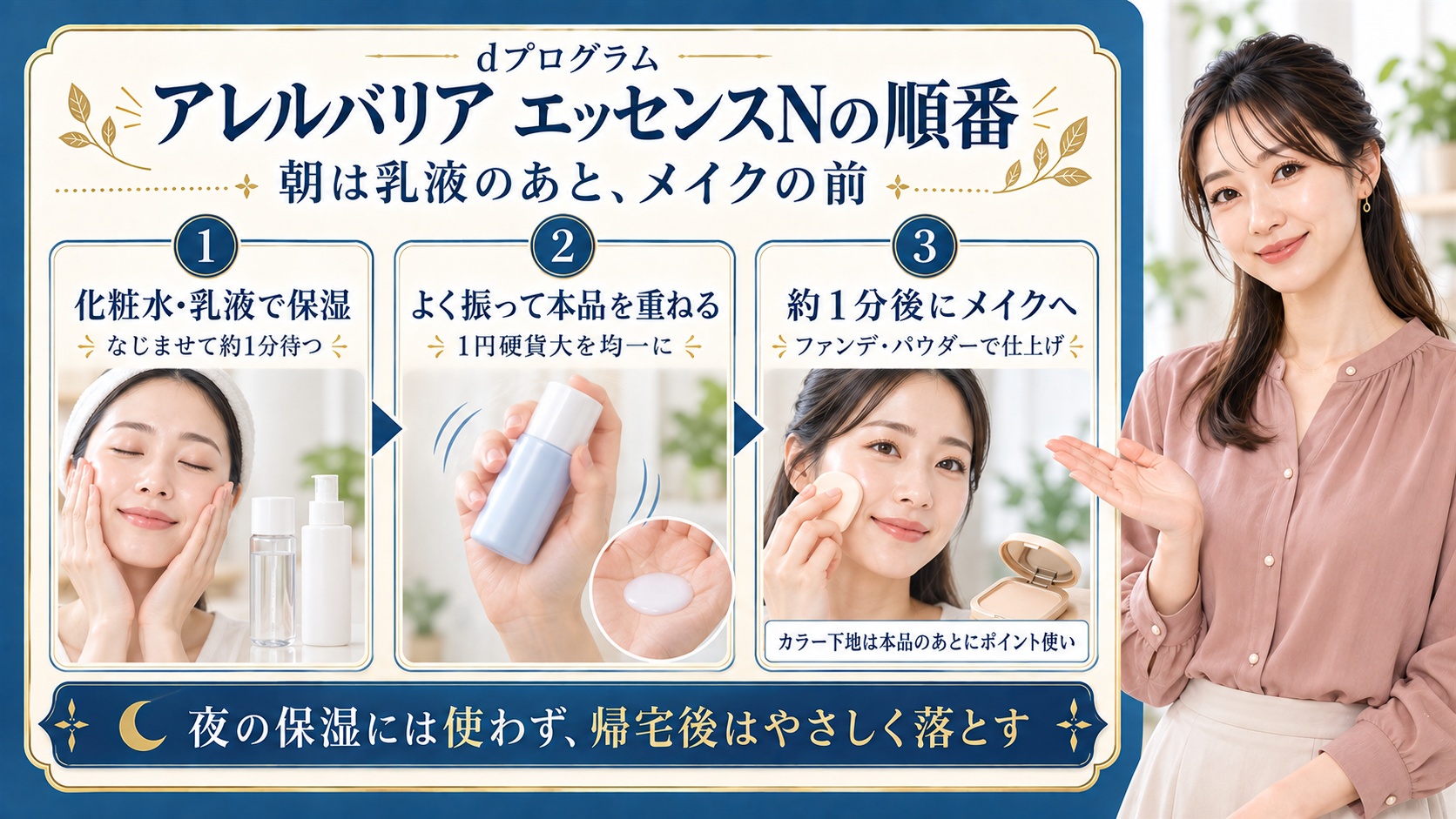 dプログラムアレルバリアエッセンスNの順番は朝の化粧水と乳液のあと。約1分なじませてから本品をよく振り1円硬貨大を均一に広げ、さらに約1分待ってファンデーションやパウダーへ進む。カラー下地は本品のあとにポイント使いし、夜の保湿には使わず帰宅後はやさしく落とす