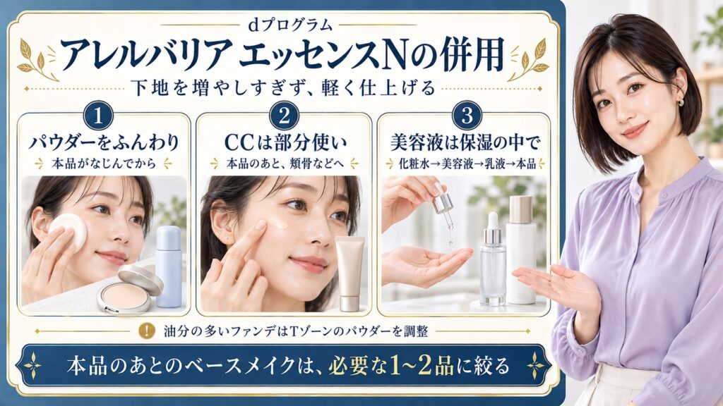 dプログラムアレルバリアエッセンスNの併用は本品がなじんでからパウダーをふんわり重ね、CCクリームは本品のあと頬骨などへ部分使いする。美容液は化粧水のあと乳液の前に使い、本品は保湿のあと。油分の多いファンデはTゾーンのパウダーを調整し、本品のあとのベースメイクは必要な1〜2品に絞る