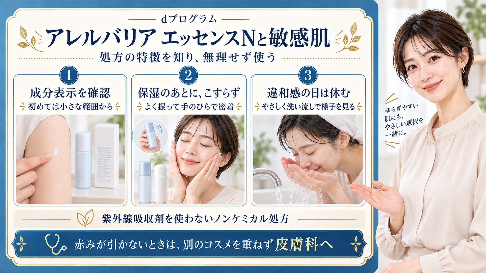 dプログラムアレルバリアエッセンスNを敏感肌に使う際は成分表示を確認し初めては小さな範囲から試す。保湿のあと本品をよく振りこすらず手のひらでなじませる。違和感の日はやさしく洗い流して使用を休む。紫外線吸収剤を使わないノンケミカル処方でも赤みが引かないときは別のコスメを重ねず皮膚科へ相談する
