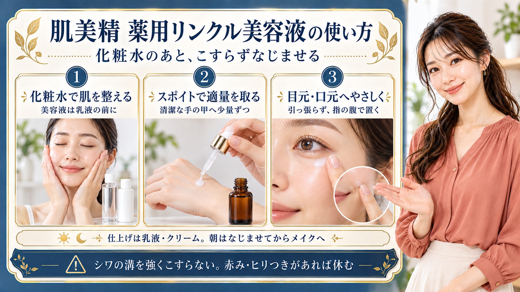 肌美精薬用リンクル美容液は化粧水のあと乳液の前に使う。スポイトで適量を清潔な手の甲へ少量ずつ取り、目元や口元を引っ張らず指の腹でやさしく置くようになじませる。仕上げは乳液やクリームを使い朝はなじませてからメイクへ進む。シワの溝を強くこすらず赤みやヒリつきがあれば休む