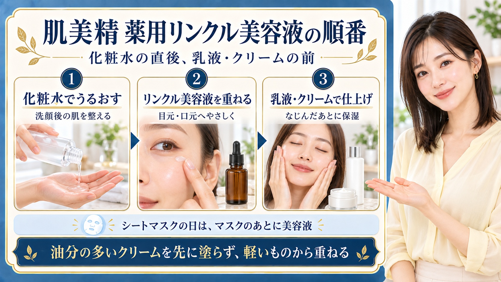 肌美精薬用リンクル美容液の順番は化粧水の直後で乳液やクリームの前。洗顔後の肌を化粧水でうるおし、リンクル美容液を目元や口元へやさしく重ね、なじんだあと乳液やクリームで仕上げる。シートマスクの日はマスクのあとに美容液を使い、油分の多いクリームを先に塗らず軽いものから重ねる