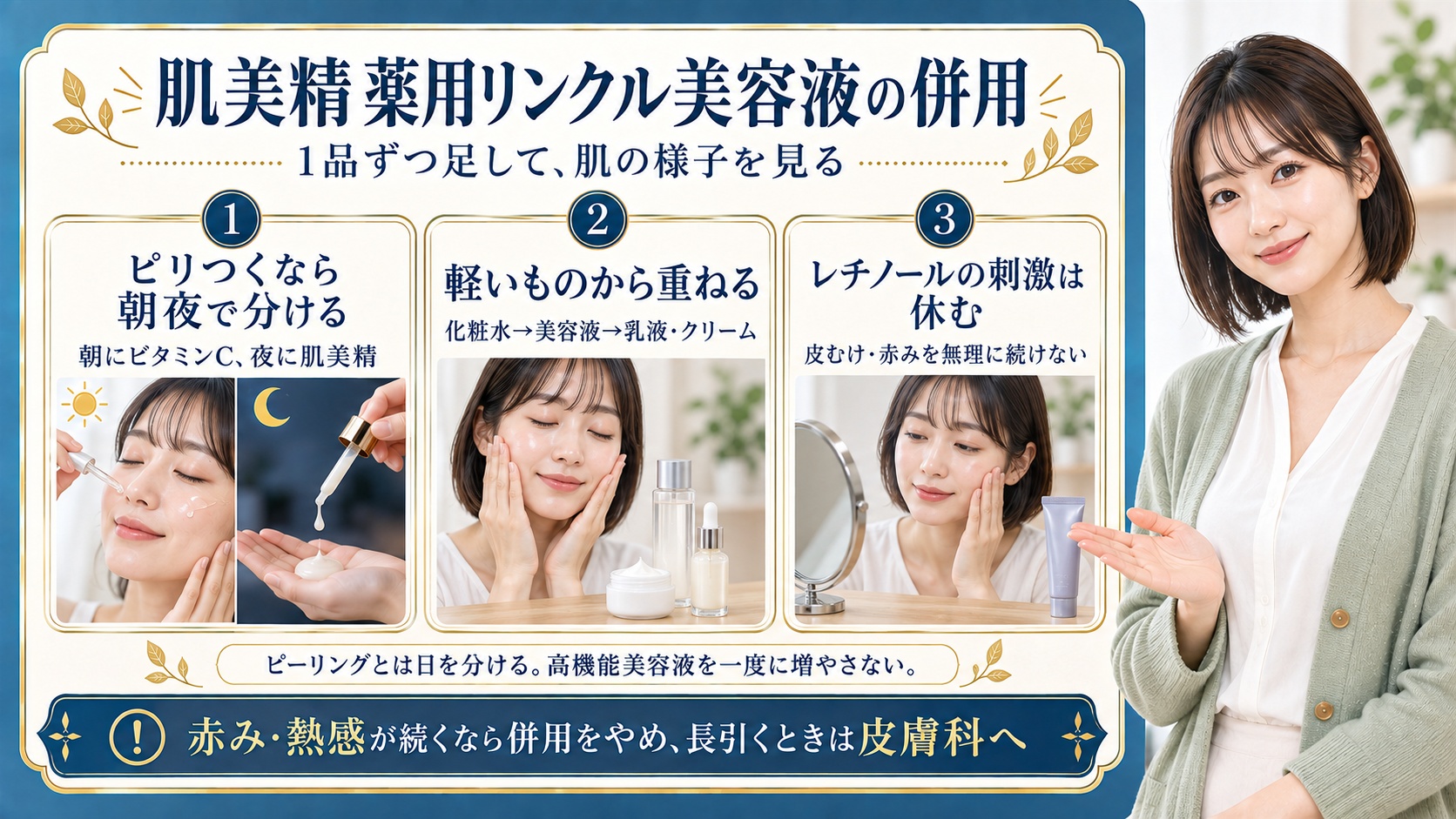 肌美精薬用リンクル美容液の併用は1品ずつ足して肌の様子を見る。ピリつくなら朝にビタミンCと夜に肌美精へ分け、化粧水から美容液、乳液やクリームの軽い順に重ねる。レチノールの皮むけや赤みは無理に続けず休み、ピーリングとは日を分ける。赤みや熱感が続くなら併用をやめ長引くときは皮膚科へ相談する