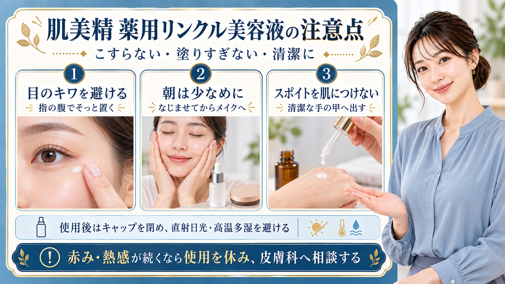 肌美精薬用リンクル美容液の注意点はこすらず塗りすぎず清潔に使うこと。目のキワを避け指の腹でそっと置き、朝は少なめにしてなじませてからメイクへ進む。スポイトを肌につけず清潔な手の甲へ出し、使用後はキャップを閉め直射日光や高温多湿を避ける。赤みや熱感が続くなら使用を休み皮膚科へ相談する