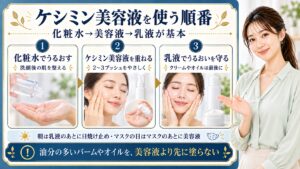 ケシミン美容液の順番は化粧水から美容液、乳液が基本。洗顔後に化粧水でうるおし、美容液2〜3プッシュをやさしくなじませ乳液で保湿する。クリームやオイルは最後に、朝は乳液のあと日焼け止めを使う。シートマスクの日はマスクのあと美容液へ進み、油分の多いバームやオイルを美容液より先に塗らない