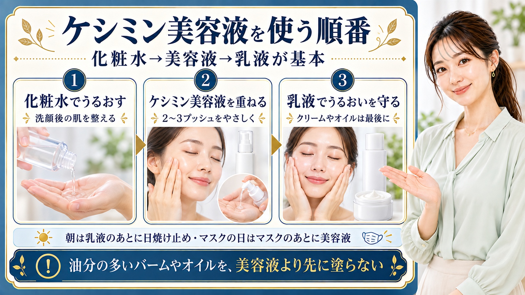 ケシミン美容液の順番は化粧水から美容液、乳液が基本。洗顔後に化粧水でうるおし、美容液2〜3プッシュをやさしくなじませ乳液で保湿する。クリームやオイルは最後に、朝は乳液のあと日焼け止めを使う。シートマスクの日はマスクのあと美容液へ進み、油分の多いバームやオイルを美容液より先に塗らない