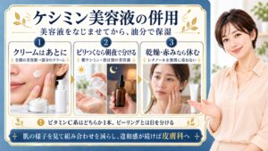 ケシミン美容液の併用では全顔に美容液をなじませたあと部分へクリームを使う。ピリつくなら朝ケシミンと夜の別美容液へ分け、乾燥や赤みが出たらレチノールを無理に重ねず休む。ビタミンC系はどちらか1本にしピーリングとは日を分ける。肌の様子を見て組み合わせを減らし違和感が続けば皮膚科へ相談する
