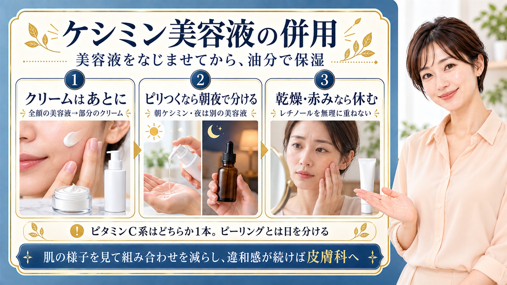 ケシミン美容液の併用では全顔に美容液をなじませたあと部分へクリームを使う。ピリつくなら朝ケシミンと夜の別美容液へ分け、乾燥や赤みが出たらレチノールを無理に重ねず休む。ビタミンC系はどちらか1本にしピーリングとは日を分ける。肌の様子を見て組み合わせを減らし違和感が続けば皮膚科へ相談する