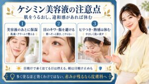 ケシミン美容液の注意点。美容液のあと乳液やクリームで保湿し、目のキワや傷を避けて頬へこすらずそっと置く。ヒリつきや熱感があればやさしく洗い流して使用を休む。日焼けで赤くほてる日は控え朝は日焼け止めも使う。多く塗るほど効くわけではなく赤みが残るなら皮膚科へ相談する
