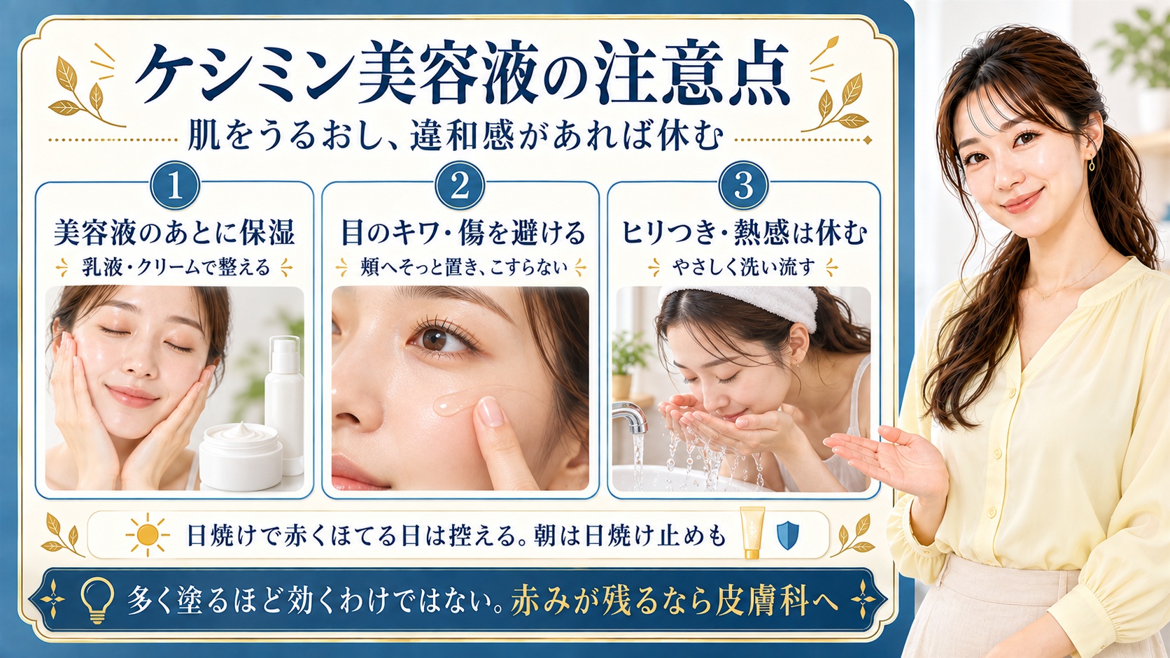 ケシミン美容液の注意点。美容液のあと乳液やクリームで保湿し、目のキワや傷を避けて頬へこすらずそっと置く。ヒリつきや熱感があればやさしく洗い流して使用を休む。日焼けで赤くほてる日は控え朝は日焼け止めも使う。多く塗るほど効くわけではなく赤みが残るなら皮膚科へ相談する