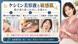 ケシミン美容液を敏感肌に使う前は成分表示を見て腕の小さな範囲で確認し、肌が落ち着いた日に夜1プッシュから週2〜3回で様子を見る。化粧水から美容液、乳液の順にこすらず手のひらでなじませる。日焼けで赤くほてる日や皮むけのある部位は控え、違和感は洗い流して休み肌荒れが長引くなら皮膚科へ相談する