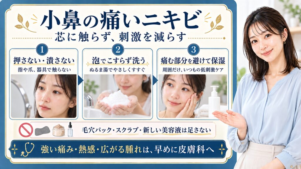 小鼻の痛いニキビは芯を押さず潰さず指や爪や器具で触らない。泡でこすらず洗いぬるま湯でやさしくすすぎ、痛む部分を避け周囲だけいつもの低刺激ケアで保湿する。毛穴パックやスクラブや新しい美容液は足さず、強い痛みや熱感や広がる腫れは早めに皮膚科へ相談する