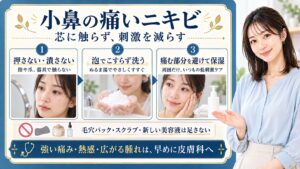 小鼻の痛いニキビは芯を押さず潰さず指や爪や器具で触らない。泡でこすらず洗いぬるま湯でやさしくすすぎ、痛む部分を避け周囲だけいつもの低刺激ケアで保湿する。毛穴パックやスクラブや新しい美容液は足さず、強い痛みや熱感や広がる腫れは早めに皮膚科へ相談する
