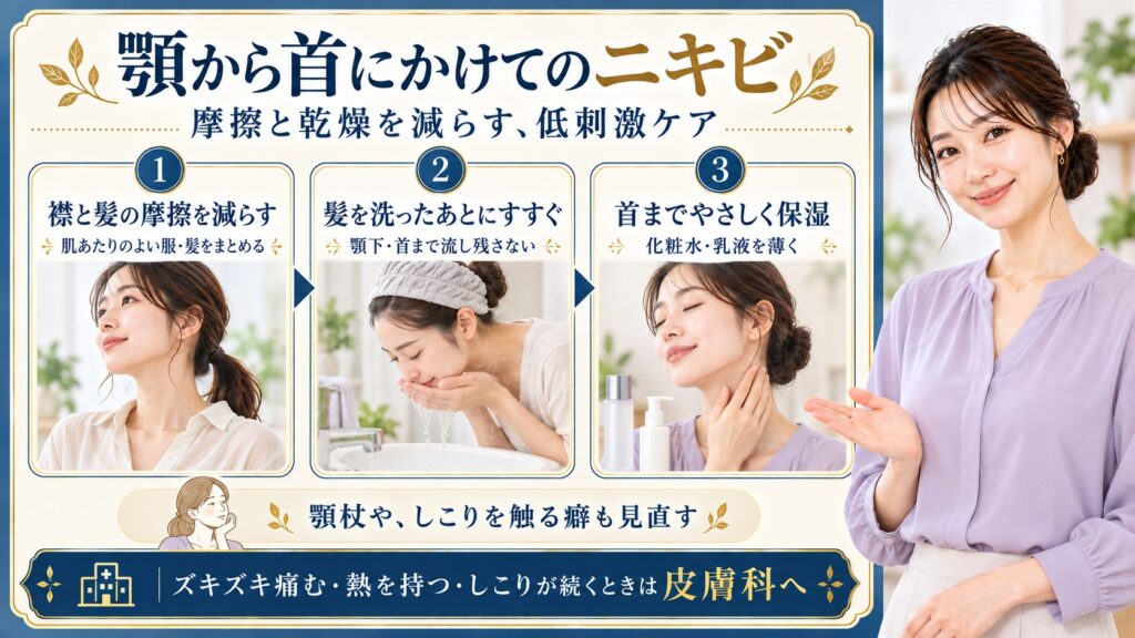顎から首にかけてのニキビは襟や髪の摩擦を減らし肌あたりのよい服を選び髪をまとめる。髪を洗ったあと顎下や首まで流し残さずすすぎ、化粧水や乳液を薄く使ってやさしく保湿する。顎杖やしこりを触る癖を見直し、ズキズキ痛むときや熱を持つときやしこりが続くときは皮膚科へ相談する