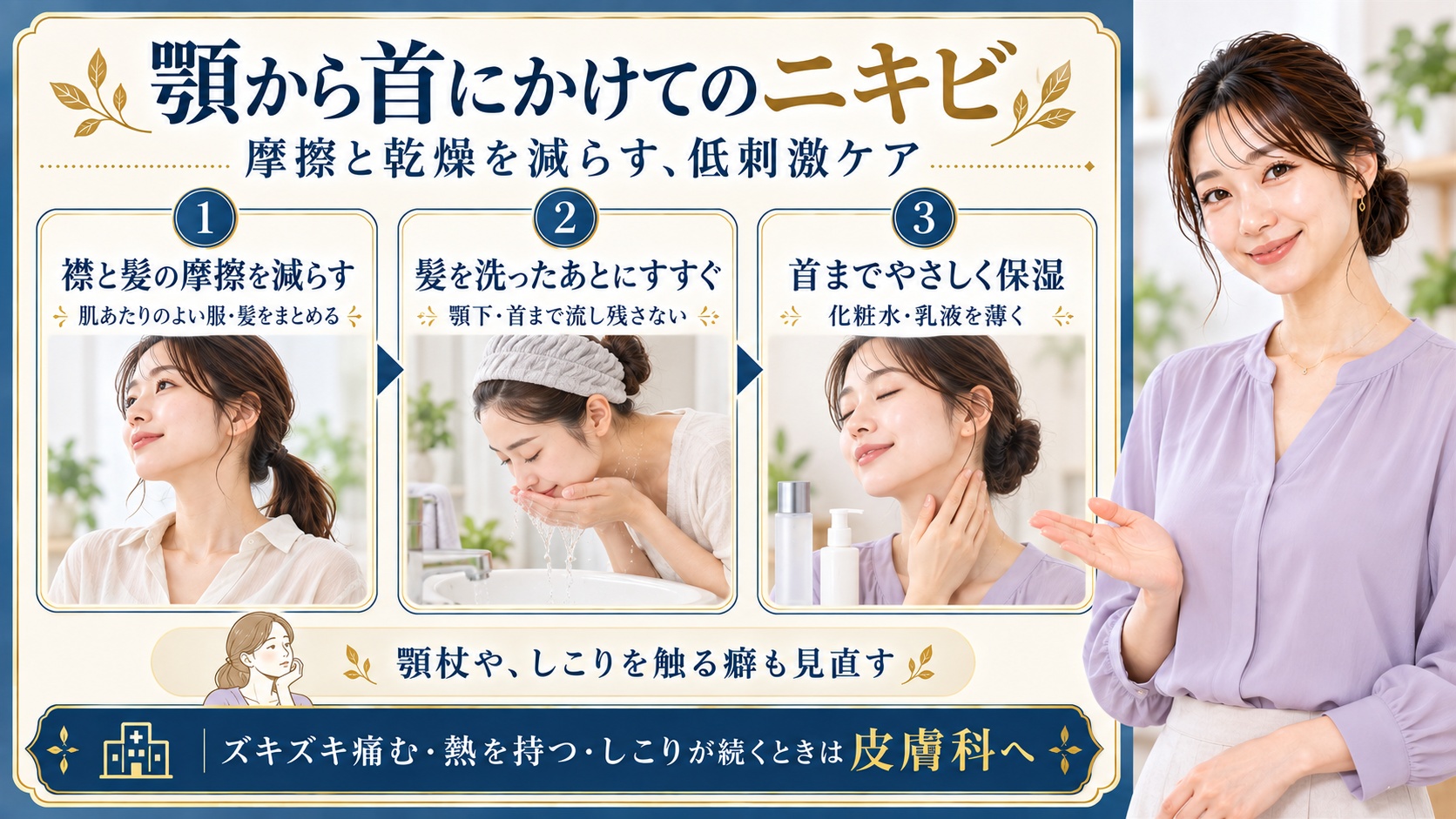 顎から首にかけてのニキビは襟や髪の摩擦を減らし肌あたりのよい服を選び髪をまとめる。髪を洗ったあと顎下や首まで流し残さずすすぎ、化粧水や乳液を薄く使ってやさしく保湿する。顎杖やしこりを触る癖を見直し、ズキズキ痛むときや熱を持つときやしこりが続くときは皮膚科へ相談する