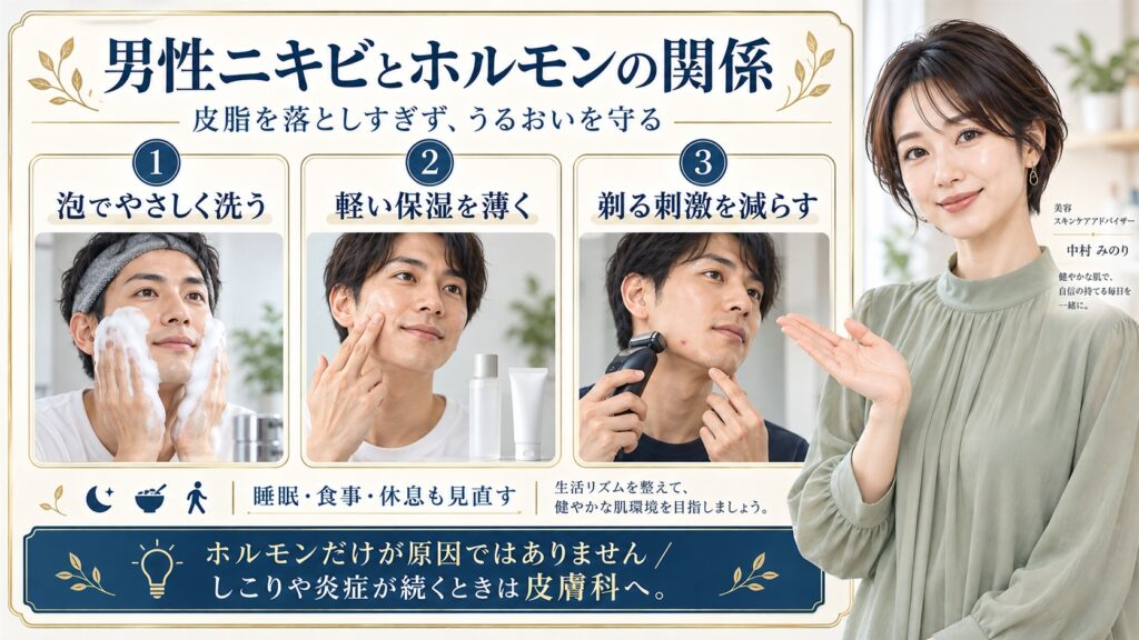 男性ニキビとホルモンの関係。皮脂を落としすぎず泡でやさしく洗い軽い保湿を薄く使い剃る刺激を減らす。睡眠と食事と休息を見直し、ホルモンだけが原因ではないことを理解してしこりや炎症が続くときは皮膚科へ相談する