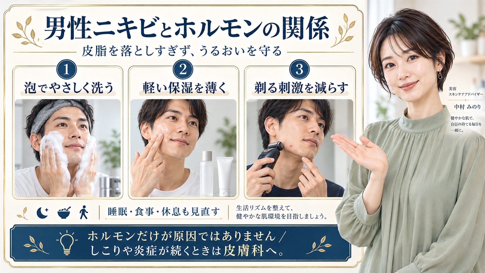 男性ニキビとホルモンの関係。皮脂を落としすぎず泡でやさしく洗い軽い保湿を薄く使い剃る刺激を減らす。睡眠と食事と休息を見直し、ホルモンだけが原因ではないことを理解してしこりや炎症が続くときは皮膚科へ相談する