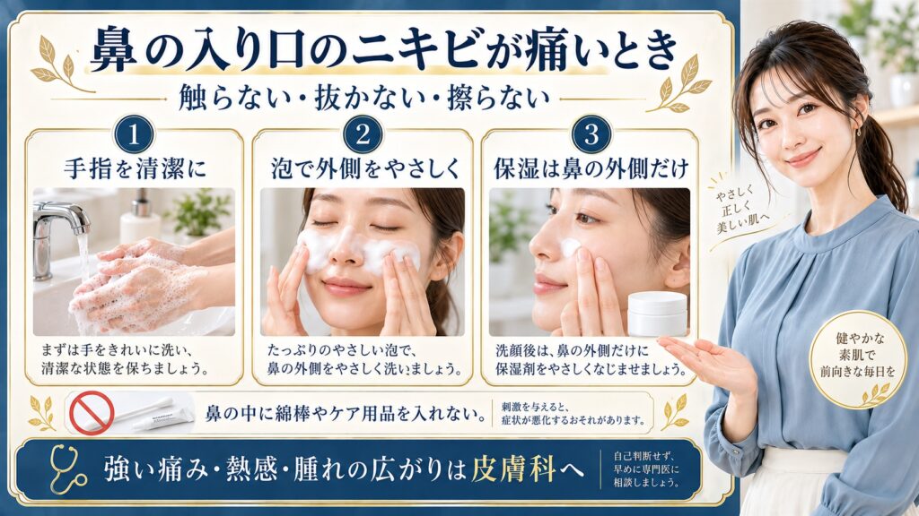 鼻の入り口のニキビが痛いときは触らない抜かない擦らない。手指を清潔にし泡で鼻の外側をやさしく洗い保湿剤は鼻の外側だけに使う。鼻の中に綿棒やケア用品を入れず強い痛みや熱感や腫れの広がりは皮膚科へ相談する