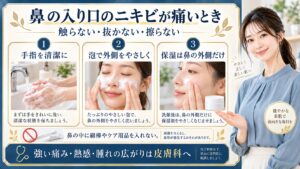 鼻の入り口のニキビが痛いときは触らない抜かない擦らない。手指を清潔にし泡で鼻の外側をやさしく洗い保湿剤は鼻の外側だけに使う。鼻の中に綿棒やケア用品を入れず強い痛みや熱感や腫れの広がりは皮膚科へ相談する