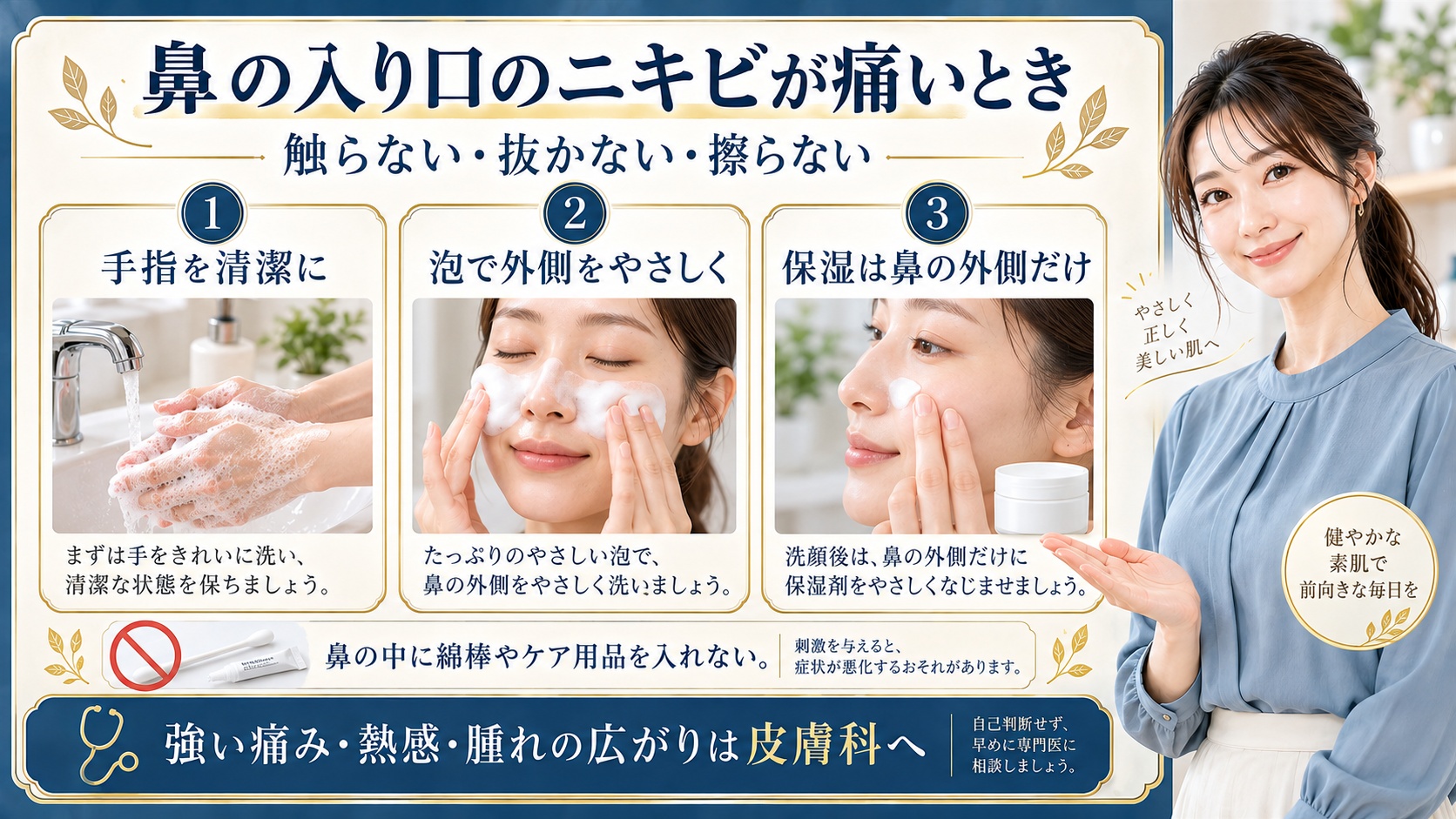 鼻の入り口のニキビが痛いときは触らない抜かない擦らない。手指を清潔にし泡で鼻の外側をやさしく洗い保湿剤は鼻の外側だけに使う。鼻の中に綿棒やケア用品を入れず強い痛みや熱感や腫れの広がりは皮膚科へ相談する