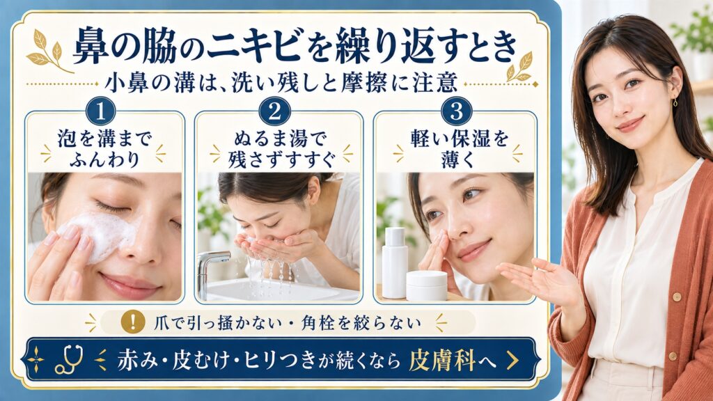 鼻の脇のニキビを繰り返すときは小鼻の溝の洗い残しと摩擦に注意する。泡を溝までふんわり行き渡らせぬるま湯で残さずすすぎ軽い保湿を薄く使う。爪で引っ掻いたり角栓を絞ったりせず赤み皮むけヒリつきが続くなら皮膚科へ相談する