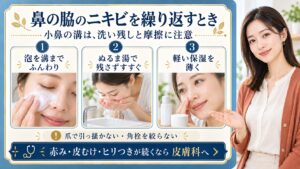 鼻の脇のニキビを繰り返すときは小鼻の溝の洗い残しと摩擦に注意する。泡を溝までふんわり行き渡らせぬるま湯で残さずすすぎ軽い保湿を薄く使う。爪で引っ掻いたり角栓を絞ったりせず赤み皮むけヒリつきが続くなら皮膚科へ相談する