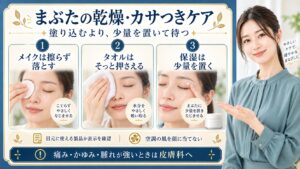 まぶたの乾燥とカサつきは塗り込むより少量を置いて待つ。メイクは擦らず落としタオルはそっと押さえ保湿は少量を置く。目元に使える製品か表示を確認し空調の風を顔に当てない。痛みかゆみ腫れが強いときは皮膚科へ相談する