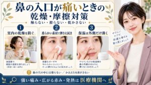 鼻の入口が痛いときの乾燥と摩擦対策。触らず擦らず乾かさず室内の乾燥を防ぎ柔らかい素材で押さえ拭きし保湿は鼻の外側だけ薄く使う。鼻の穴の中には塗らずかさぶたを剥がさない。強い痛み広がる赤み発熱は医療機関へ相談する