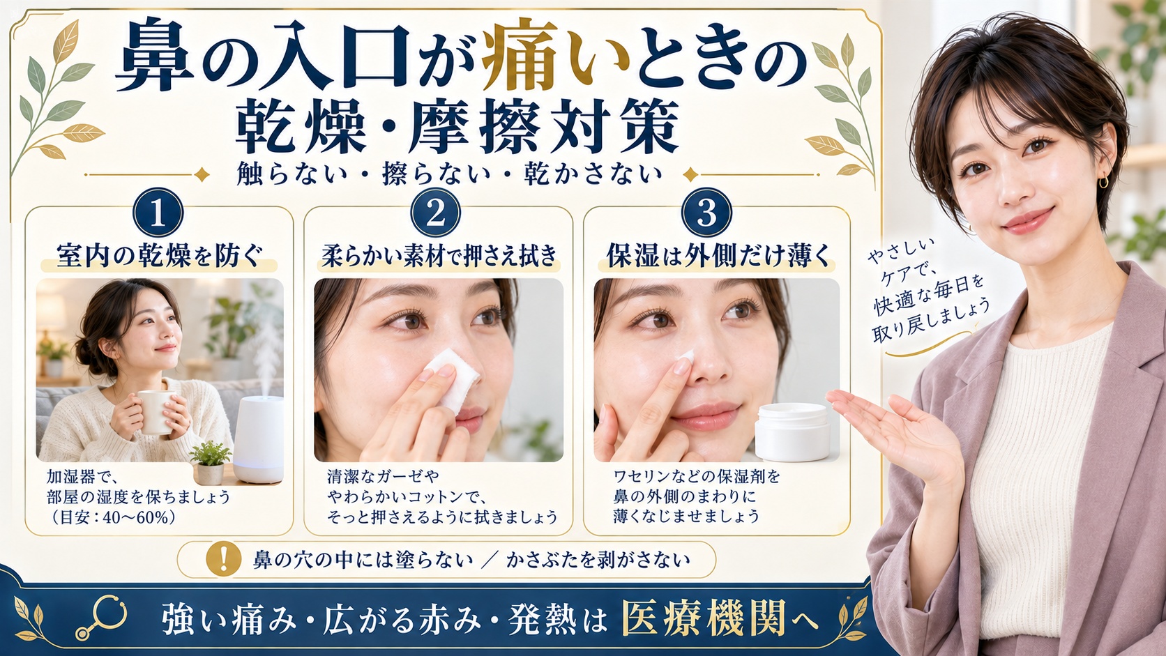 鼻の入口が痛いときの乾燥と摩擦対策。触らず擦らず乾かさず室内の乾燥を防ぎ柔らかい素材で押さえ拭きし保湿は鼻の外側だけ薄く使う。鼻の穴の中には塗らずかさぶたを剥がさない。強い痛み広がる赤み発熱は医療機関へ相談する