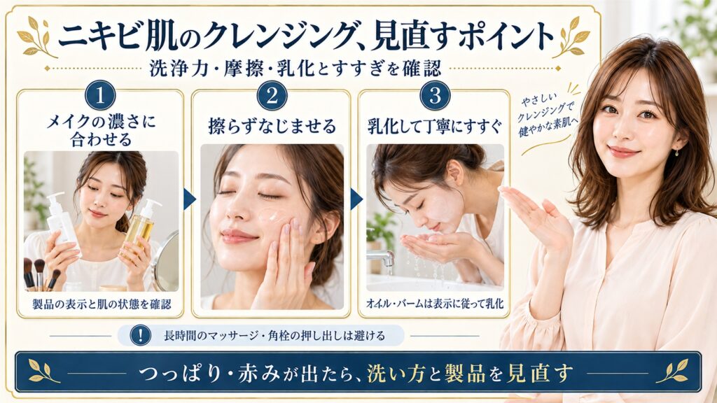 ニキビ肌のクレンジングは洗浄力摩擦乳化とすすぎを確認。メイクの濃さと肌の状態に合わせて選び擦らずなじませオイルやバームは製品表示に従って乳化して丁寧にすすぐ。長時間のマッサージや角栓の押し出しを避けつっぱりや赤みが出たら洗い方と製品を見直す