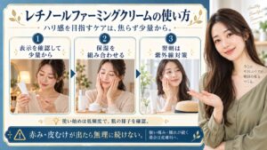 レチノールファーミングクリームの使い方。ハリ感を目指すケアは焦らず製品表示を確認して少量から始め保湿を組み合わせ翌朝は紫外線対策をする。使い始めは低頻度で肌の様子を確認し赤みや皮むけが出たら無理に続けない。強い痛みや腫れが続く場合は皮膚科へ相談する