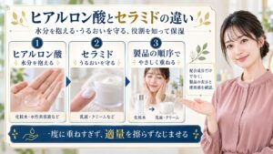 ヒアルロン酸とセラミドの違い。ヒアルロン酸は水分を抱えセラミドはうるおいを守る。化粧水や水性美容液と乳液やクリームを製品の順序でやさしく重ねる。配合成分だけでなく製品表示と使用感を確認し一度に重ねすぎず適量を擦らずなじませる
