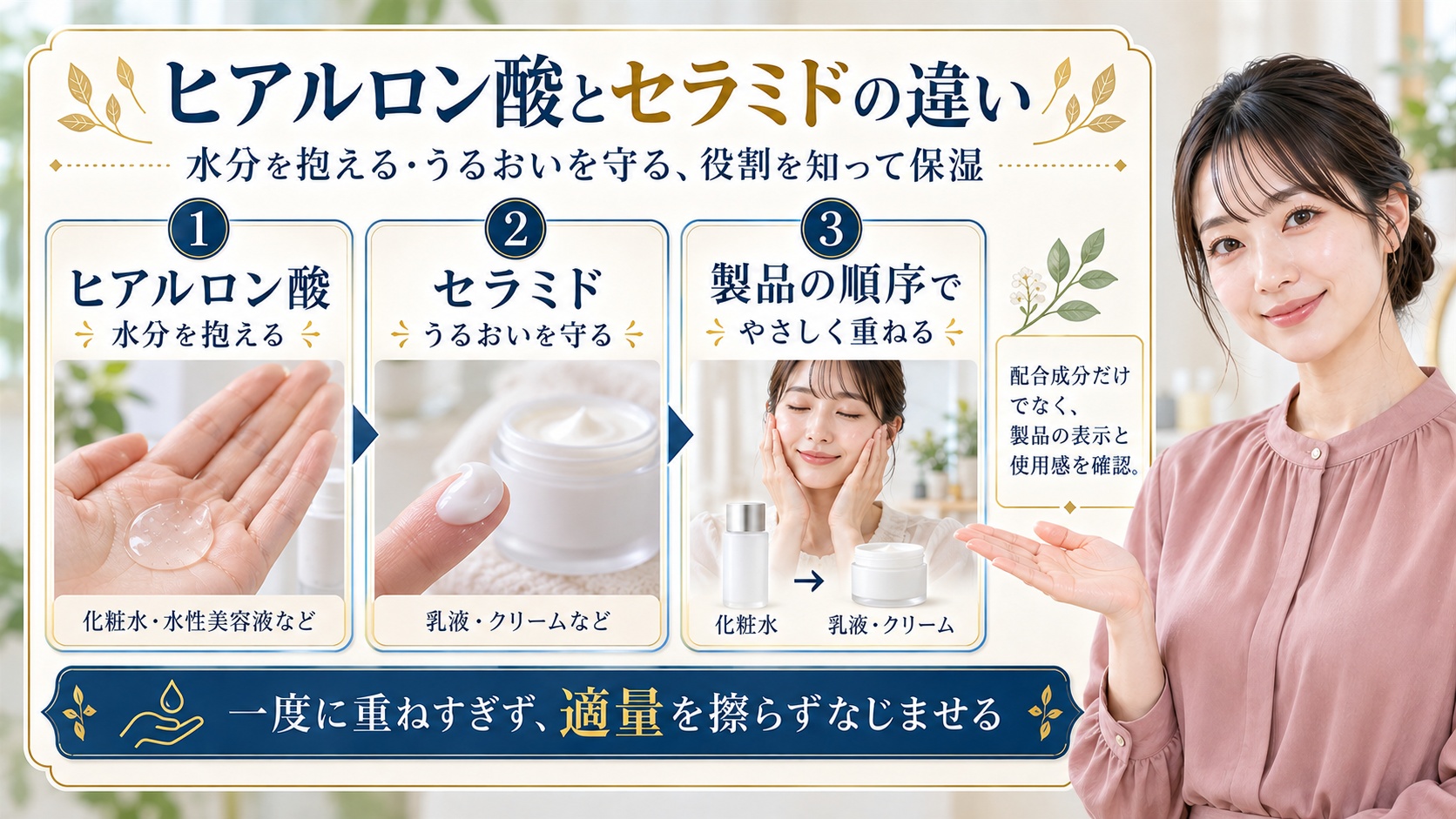 ヒアルロン酸とセラミドの違い。ヒアルロン酸は水分を抱えセラミドはうるおいを守る。化粧水や水性美容液と乳液やクリームを製品の順序でやさしく重ねる。配合成分だけでなく製品表示と使用感を確認し一度に重ねすぎず適量を擦らずなじませる
