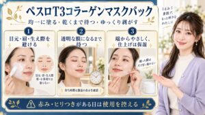 ペスロT3コラーゲンマスクパックは均一に塗り乾くまで待ちゆっくり剥がす。目元眉生え際唇小鼻周りを避け待ち時間は製品表示を確認する。端からやさしく剥がし仕上げは保湿し残った膜は爪で引っ掻かない。赤みやヒリつきがある日は使用を控える